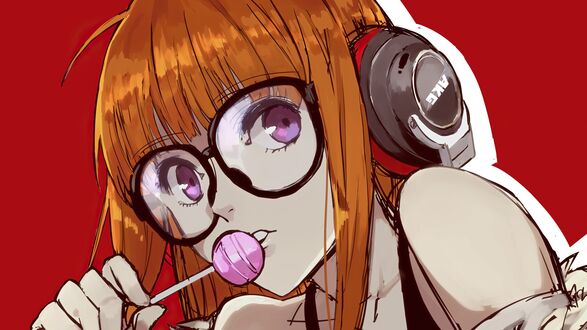 Обои на рабочий стол Futaba Sakura / Футаба Сакура с наушниками на голове, арт персонажа из аниме и игры Persona 5