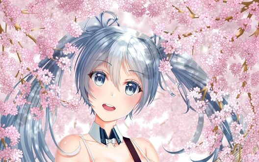 Обои на рабочий стол Vocaloid Hatsune Miku / Вокалоид Хатсунэ Мику стоит у цветущих ветвей сакуры