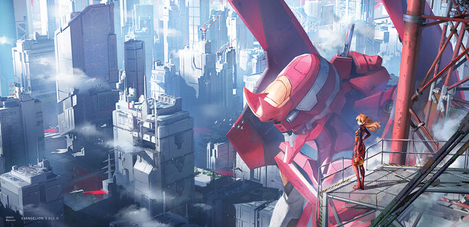 Обои на рабочий стол Soryu Asuka Langley / Аска Лэнгли Сорью стоит на крыше здания на металлической платформе, рядом со зданием стоит пилотируемый ею робот Eva 02 / Ева-02, персонаж из аниме и манги Neon Genesis Evangelion / Евангелион, art by Qosic
