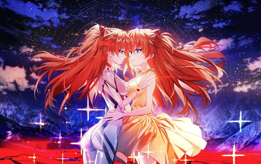 Обои на рабочий стол Soryu Asuka Langley / Аска Лэнгли Сорью в двух образах, в защитном костюме и в обычном платье, персонаж из аниме и манги Neon Genesis Evangelion / Евангелион, art by Baocaizi