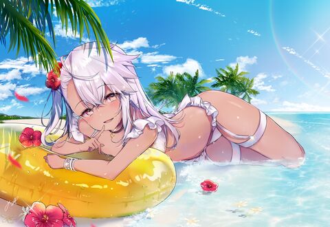 Обои на рабочий стол Chloe von Einzbern / Хлоя фон Айнцберн в купальнике лежит на побережье, персонаж из аниме Fate / kaleid liner Prisma Illya / Судьба / Девочка-волшебница Иллия, art by Yuge (mkmk)