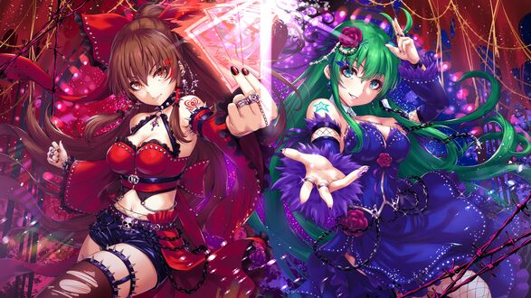 Обои на рабочий стол Reimu Hakurei / Рейму Хакурей и Sanae Kochiya / Санае Кочия, персонажи из серии компьютерных игр Touhou Project / «Проект «Восток»», art by Sakiyamama