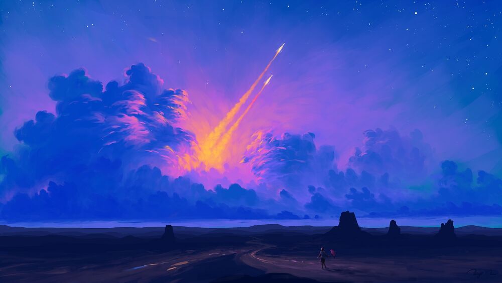 Обои для рабочего стола Ракеты летящие в облочном закатом небе, Digital Art by BisBiswas
