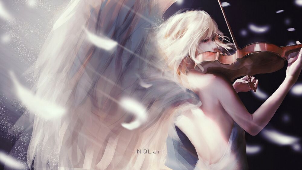 Обои для рабочего стола Девушка-ангел играет на скрипке, фэнтези арт by NQLart