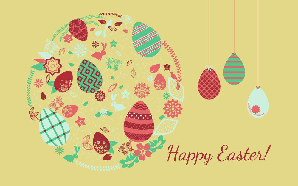 Обои для рабочего стола На желтом фоне разукрашенные яйца, кролики и цветы (happy easter / счастливой пасхи)