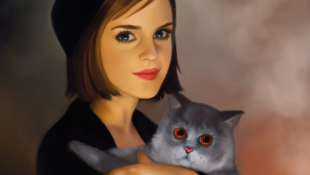 Обои для рабочего стола Британская актриса Emma Watson / Эмма Уотсон с серым с янтарными глазами котом