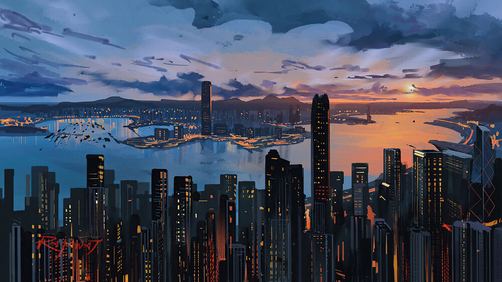Обои для рабочего стола Вечерний Гонконг / Hong Kong на фоне заката солнца, digital art by Surendra Rajawat