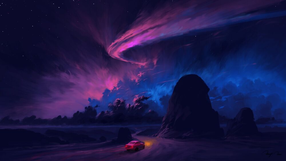 Обои для рабочего стола Автомобиль едет по ночной проселочной дороге, digital art by BisBiswas