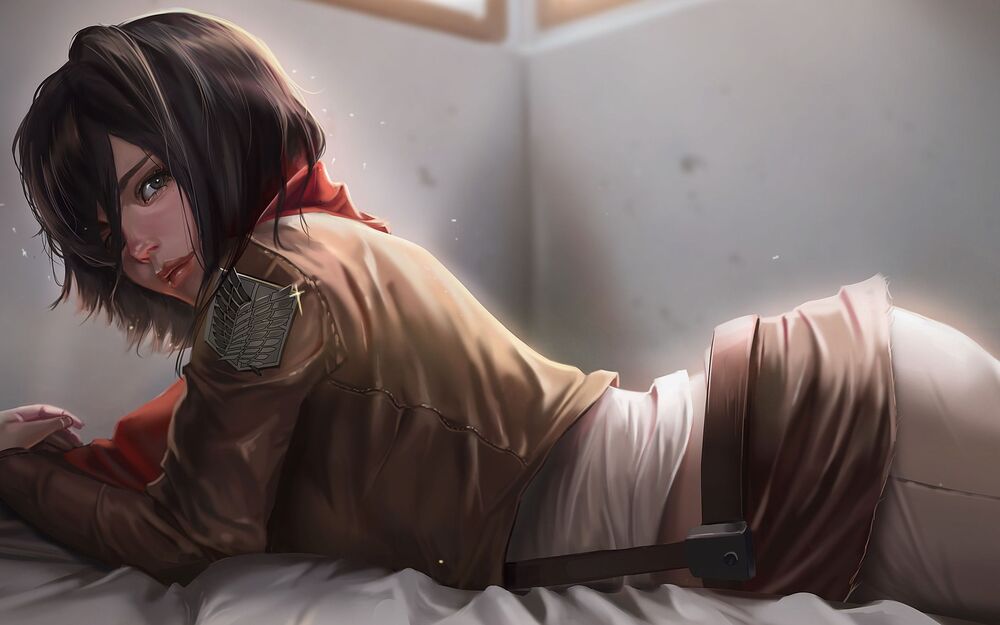 Обои на рабочий стол Микаса Акерман / Mikasa Ackerman лежит на кровати изаниме Вторжение гигантов / Shingeki no Kyojin, обои для рабочего стола,скачать обои, обои бесплатно