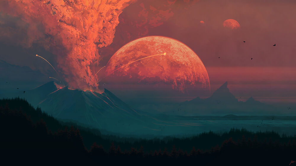 Обои на рабочий стол Извержение вулкана на чужой планете, digital art by JoeyJazz, обои для рабочего стола, скачать обои, обои бесплатно