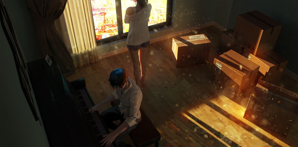 Обои для рабочего стола Парень играет на пианино для стоящей рядом девушки, by Laxy