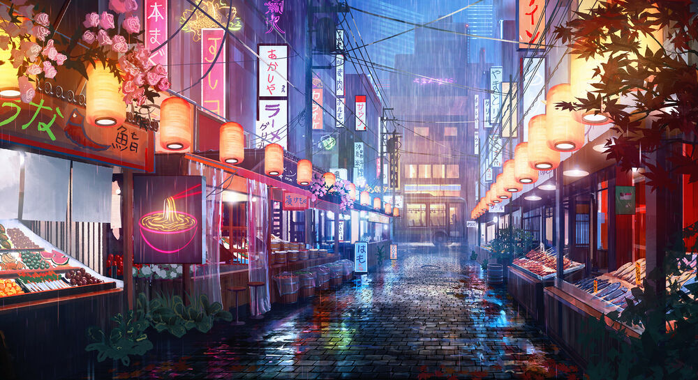 Обои для рабочего стола Дождливый ночной рынок на улице японского города, art by Surendra Rajawat