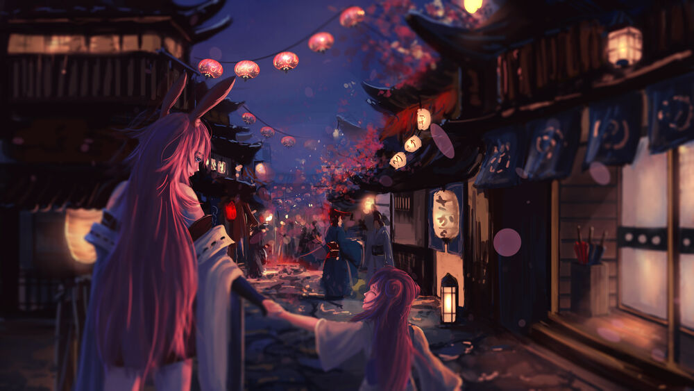 Обои для рабочего стола Yae Sakura с девочкой на ночной улице из аниме и видеоигры Honkai Impact 3, by LinFg