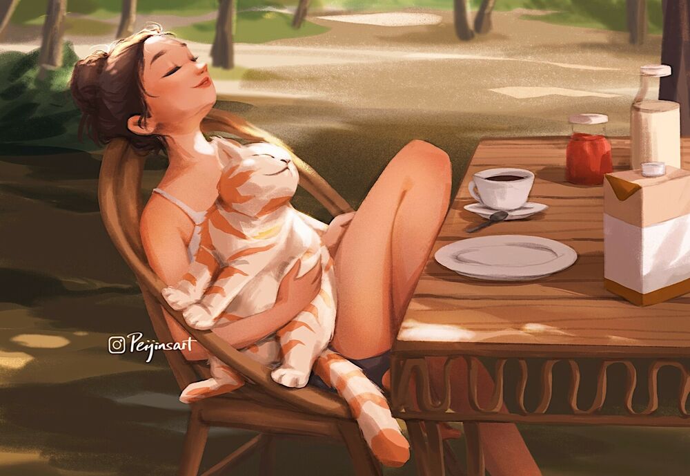 Обои для рабочего стола Девушка с кошкой на руках сидит у стола, by Peijin Yang