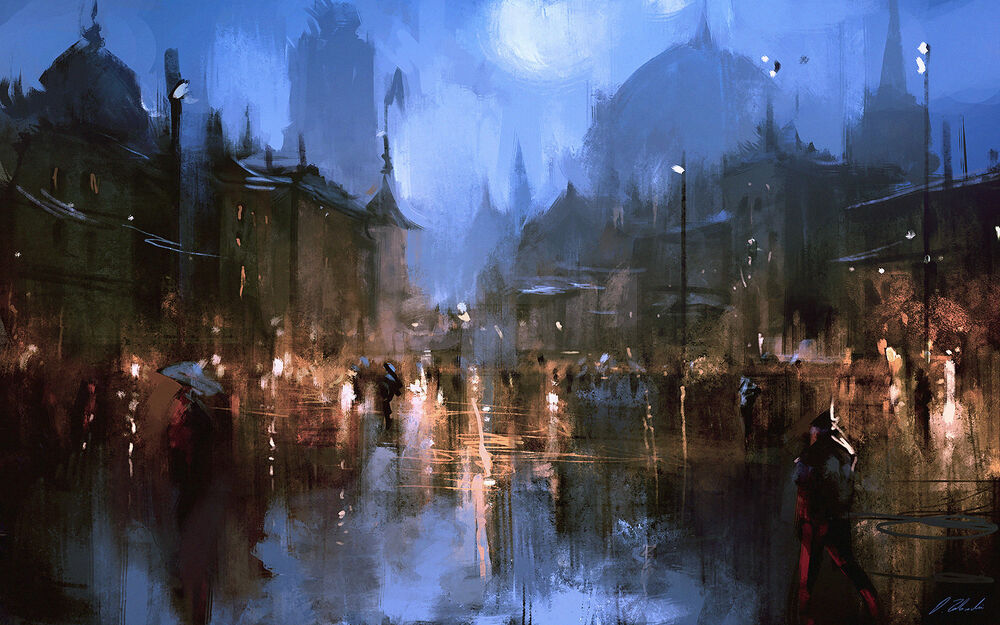 Обои для рабочего стола Пейзаж ночной городской улицы, digital art by Darek Zabrocki