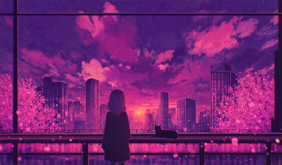 Обои на рабочий стол Девочка, любуясь закатом солнца, стоит на фоне города перед ограждением, на котором лежит кошка, на переднем плане цветущие весенние деревья, автор Miloecute
