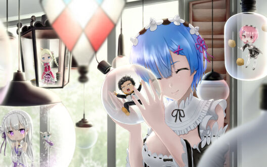Обои на рабочий стол Rem / Рем, Subaru Natsuki / Субару Нацуки, Ram / Рам, Beatrice / Беатрис, Emilia. Эмилия и Pack / Пак из аниме Re:Zero kara Hajimeru Isekai Seikatsu / Re:Zero. Жизнь с нуля в альтернативном мире
