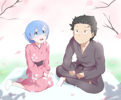 Обои на рабочий стол Subaru Natsuki / Субару Нацуки и Rem / Рем из аниме Re:Zero kara Hajimeru Isekai Seikatsu / Re:Zero. Жизнь с нуля в альтернативном мире