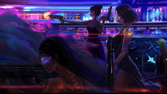 Обои на рабочий стол Девушки-киборги в перестрелке, фан арт видеоигры Cyberpunk 2077 by Antonio Marianne