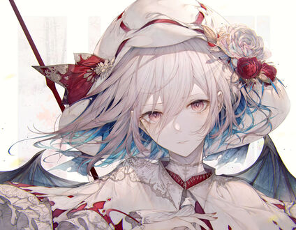 Обои на рабочий стол Remilia Scarlet / Ремилия Скарлет на белом фоне, персонаж из серии компьютерных игр Touhou Project / «Проект «Восток», art by Hito Komoru