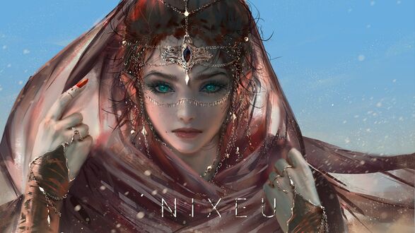 Обои на рабочий стол Фэнтезийная девушка с зелеными глазами, by NIXEU
