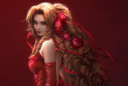 Обои на рабочий стол Айрис Гейнсборо / Аэрис / Aerith Gainsborough / Aeris из видеоигры Последняя фантазия 7 / Final Fantasy VII, by NIXEU