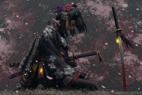 Девушка самурай арт обои