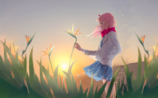 Обои на рабочий стол Zero Two / Зеро Ту из аниме Darling in the FranXX / Милый во Франксе