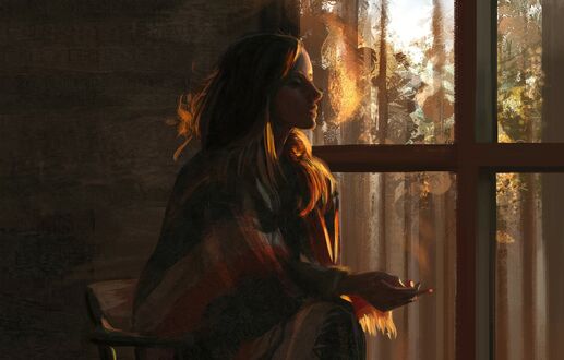 Обои на рабочий стол Девушка с сигаретой сидит на кресле у окна, художница Mandy Jurgens