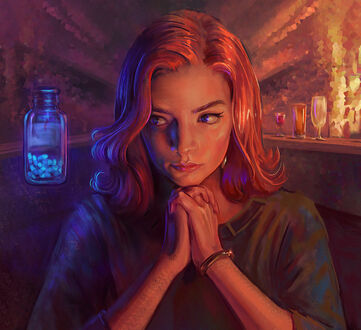 Обои на рабочий стол Героиня сериала Ход Королевы / The Queens Gambit / Ферзевый гамбит, художница Mandy Jurgens