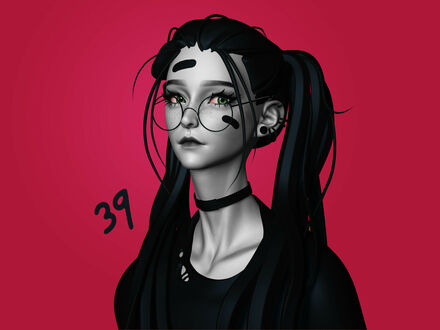 Обои на рабочий стол Девушка в очках на красном фоне, by Tiffany Akiko
