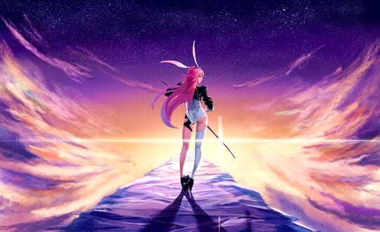 Обои на рабочий стол Девушка Yae Sakura, персонаж Honkai Impact 3rd с длинными розовыми волосами, с кроличьими ушками стоит на тропе под небом