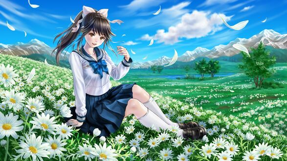 Обои на рабочий стол Персонаж манги Манака Таканэ / Manaka Takane в школьной форме сидит на ромашковом поле, под голубым небом с облаками