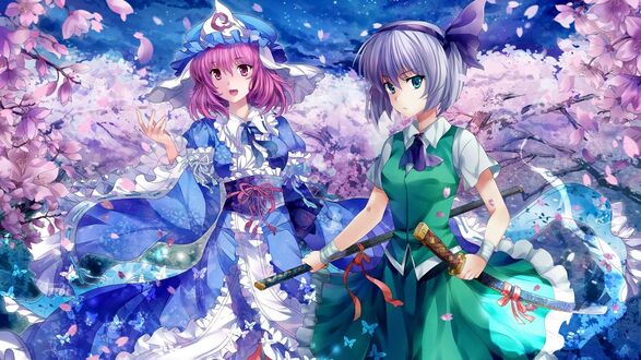 Обои на рабочий стол Yuyuko Saigyouji / Ююко Сайгедзи и Youmu Konpaku / Ему Компаку из аниме и игры Touhou Niji Sousaku Doujin Anime: Musou Kakyou / Touhou Niji Sousaku Doujin Anime: Musou Kakyou