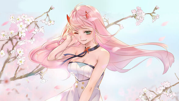 Обои на рабочий стол Zero Two / Зеро Ту из аниме Darling in the FranXX / Милый во Франксе