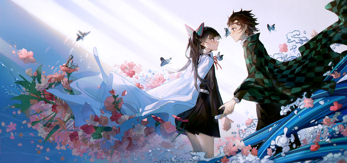 Обои на рабочий стол Tanjirou Kamado / Тандзиро Камадо и Kanao Tsuyuri / Канао Цуюри из аниме Kimetsu no Yaiba / Клинок, рассекающий демонов