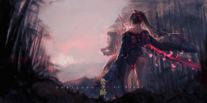 Обои на рабочий стол Девушка-воин из видеоигры Onmyoji, фан арт by Wleaf