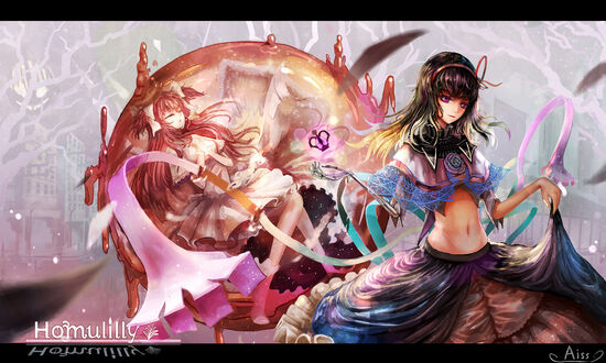 Обои на рабочий стол Madoka Kaname / Мадока Канамэ и Homura Akemi / Хомура Акэми из аниме Mahou Shoujo Madoka Magica / евочка-волшебница Мадока Волшебство