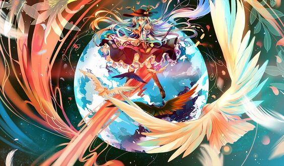 Обои на рабочий стол Hinanawi Tenshi с крыльями на фоне полной луны из игры Touhou Project / Проект Восток