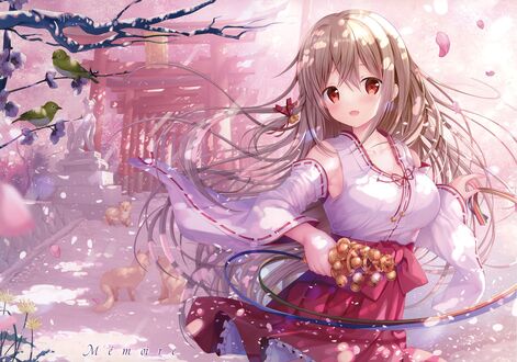 Обои на рабочий стол Maeda Shiori в одеянии жрицы мико исполняет ритуальный танец, оригинальный персонаж by Sousouman