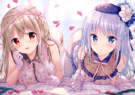 Обои на рабочий стол Maeda Shiori и Hiiragi Asuka на кровати, оригинальные персонажи by Sousouman