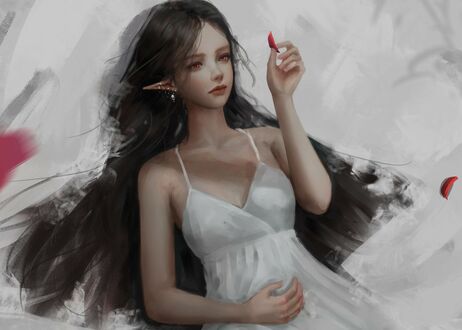 Обои на рабочий стол Девушка - эльфийка держит в руке лепесток, by zii_xd
