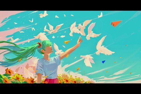 Обои на рабочий стол Вокалоид Хатсуне Мику / Vocaloid Miku запускает игрушечный самолетик