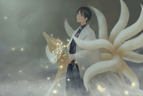 Обои на рабочий стол Кимихиро Ватануки / Kimihiro Watanuki и Мугэцу / Трубный лис / Mugetsu из аниме Триплексоголик / xxxHOLiC