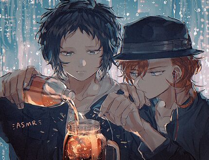 Обои на рабочий стол Рюносукэ Акутагава / Ryuunosuke Akutagawa и Тюя Накахара / Chuuya Nakahara из аниме Великий из бродячих псов / Bungou Stray Dogs