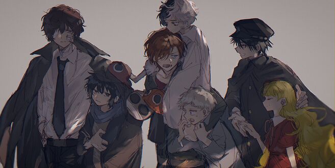 Обои на рабочий стол Рюносукэ Акутагава / Ryuunosuke Akutagawa, Осаму Дадзай / Osamu Dazai, Рампо Эдогава / Ranpo Edogawa, Элиза / Elise, Тюя Накахара / Chuuya Nakahara, Ацуси Накадзима / Atsushi Nakajima и Кюсаку Юмэно / Kyuusaku Yumeno из аниме Великий из бродячих псов / Bungou Stray Dogs