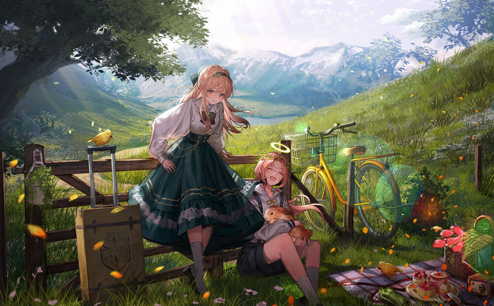 Обои для рабочего стола Две девушки с кроликом остановились в поле под деревом на привал, original anime by Lentain