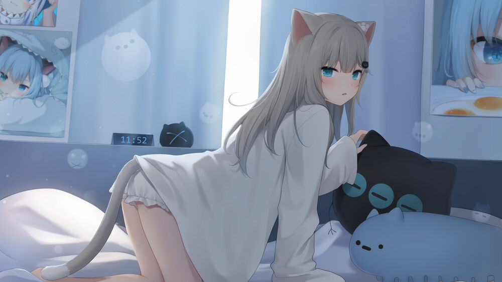 Обои для рабочего стола Девочка-кошка с голубыми глазами укладывается спать не кровати, оригинальный аниме персонаж by Amashiro Natsuki