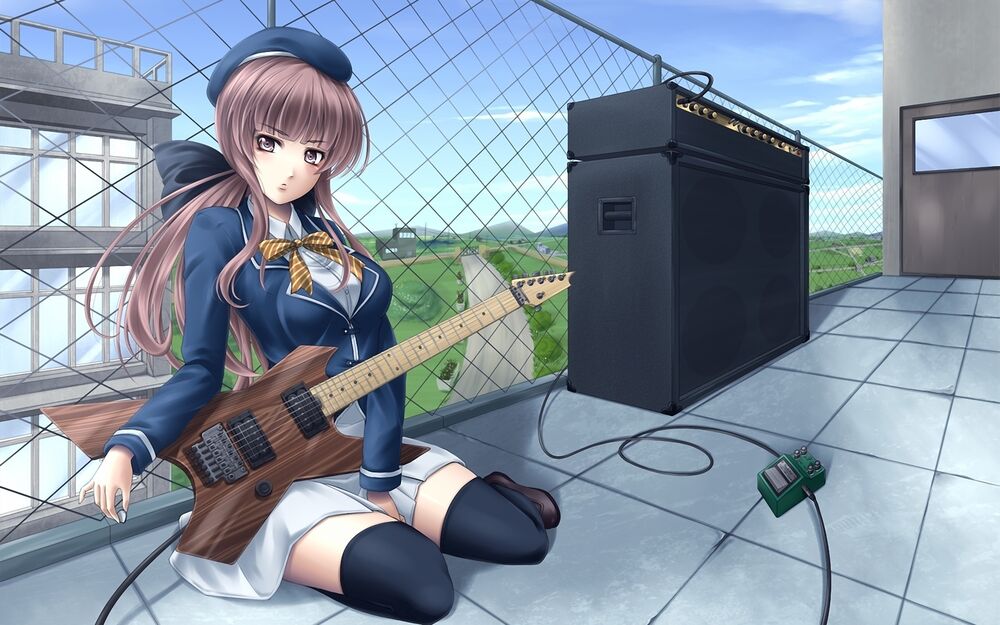 Обои для рабочего стола Девушка в школьной форме сидит на крыше с гитарой
