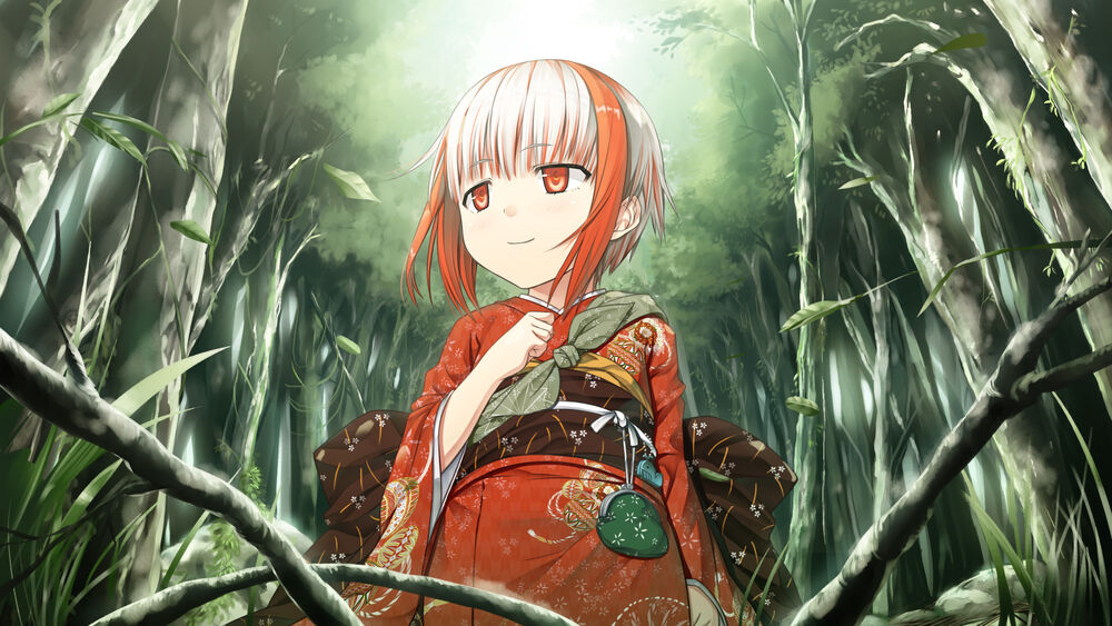 Обои для рабочего стола Белокурая девочка, с красными прядями, в юкате в лесу, аниме Monobeno